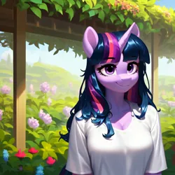 Size: 3072x3072 | Tagged: suggestive, ai content, derpibooru import, machine learning generated, twilight sparkle, anthro, unicorn, adorasexy, adorkable, big breasts, breasts, bush, clothes, cute, dork, flower, garden, hill, image, long hair, long mane, messy mane, png, prompter:frw, sexy, shirt, smiling, solo, unicorn twilight