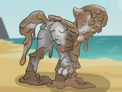 Size: 1497x1124 | Tagged: safe, artist:pzkratzer, derpibooru import, oc, oc:ponygriff, bondage, butt, cement, colored sketch, drying, encasement, image, messy, mud, mud bath, mud covered, mud volcano, ocean, petrification, plot, png, sketch, water