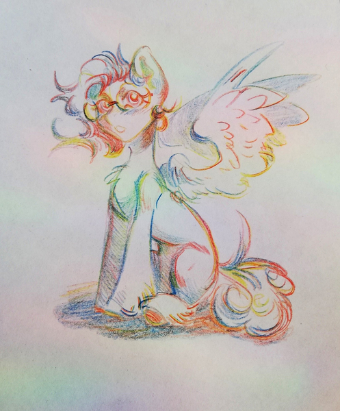 Size: 1632x1970 | Tagged: safe, artist:charlot, derpibooru import, oc, unofficial characters only, pegasus, pony, curly hair, curly mane, glasses, image, jpeg, pegasus oc, ponysona, sketch, solo, traditional art, wings