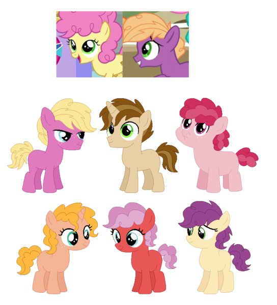 Size: 836x922 | Tagged: safe, artist:sarabeanadopts, artist:selenaede, derpibooru import, li'l cheese, little mac, oc, earth pony, pony, unicorn, the last problem, adoptable, base used, colt, female, filly, foal, group, image, magical gay spawn, male, offspring, parent:li'l cheese, parent:little mac, parent:little mac (character), parents:li'l mac n cheese, png, simple background, transparent background