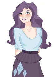 Size: 3736x5174 | Tagged: safe, artist:sanechkaa, derpibooru import, rarity, human, alternate hairstyle, bedroom eyes, belt, blushing, clothes, cute, eyeshadow, female, grin, humanized, image, lipstick, makeup, png, raribetes, shirt, simple background, skirt, smiling, solo, t-shirt, white background