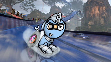 Size: 444x250 | Tagged: safe, artist:foxfer64_yt, derpibooru import, oc, oc:silverstream (robot pony), unofficial characters only, original species, pony, robot, robot pony, wheelpone, floppy ears, forest, hot wheels, image, jpeg, nature, one eye closed, slide, solo, tree, water, waterslide