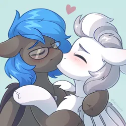 Size: 2048x2048 | Tagged: safe, artist:skysorbett, derpibooru import, oc, oc:jizlez, oc:nobrony, unofficial characters only, bat pony, pony, blushing, duo, duo male, eyes closed, gay, glasses, heart, image, jewelry, kiss on the lips, kissing, male, png, shipping, stallion