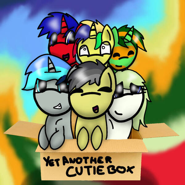 Size: 750x750 | Tagged: safe, artist:foxfer64_yt, derpibooru import, oc, oc:aclp, oc:derps, oc:gamer beauty, oc:royal blues, oc:sourpatchking, oc:thunder (fl), alicorn, changeling, hybrid, pegasus, pony, unicorn, amazed, box, confident, cute, group, guilty, happy, image, jpeg, looking at each other, looking at someone, smiling
