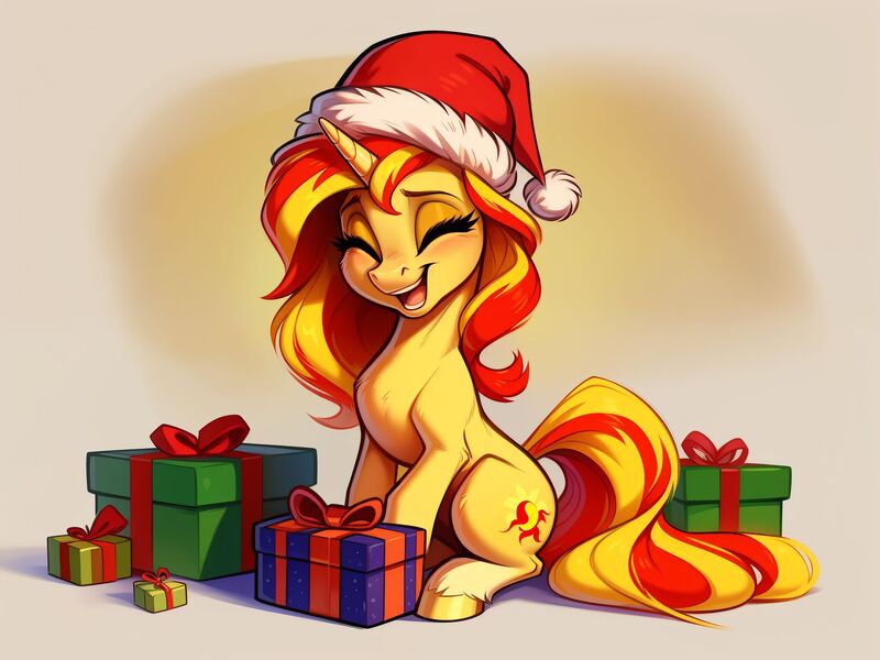 Size: 1920x1440 | Tagged: safe, ai content, derpibooru import, machine learning generated, sunset shimmer, pony, unicorn, christmas, eyes closed, female, generator:easyfluff v11.2, happy, hat, holiday, hooves, image, jpeg, mare, open mouth, open smile, present, prompter:siber, santa hat, simple background, sitting, smiling, solo