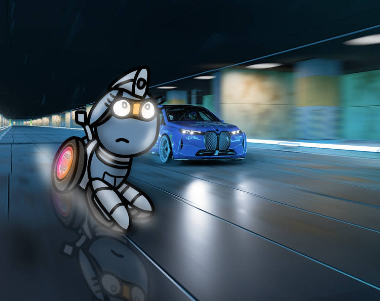 Size: 750x595 | Tagged: safe, artist:foxfer64_yt, derpibooru import, oc, oc:silverstream (robot pony), unofficial characters only, original species, pony, robot, robot pony, wheelpone, car, floppy ears, image, jpeg, looking up, racecar, scared, the backrooms