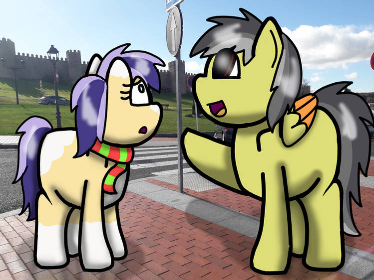 Size: 749x562 | Tagged: safe, artist:foxfer64_yt, derpibooru import, oc, oc:thunder (fl), oc:twostep, unofficial characters only, earth pony, pegasus, pony, clothes, confused, duo, empire, happy, image, jpeg, looking up, pointing, scarf, spain, talking, three quarter view, tower, wall