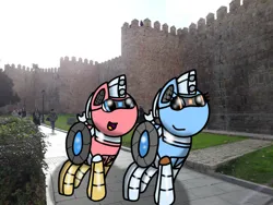 Size: 749x562 | Tagged: safe, artist:foxfer64_yt, derpibooru import, oc, oc:silverstream (robot pony), oc:trackhead, unofficial characters only, human, amazed, city, day, duo, happy, image, jpeg, looking up, park, siblings, spain, walking