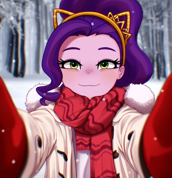 Size: 1600x1652 | Tagged: safe, artist:maren, derpibooru import, pipp petals, human, equestria girls, g5, adorapipp, alternate hairstyle, clothes, coat, cute, equestria girls-ified, female, gloves, image, jacket, looking at you, offscreen character, png, pov, scarf, selfie, snow, solo focus, sweater, tree, winter, winter outfit