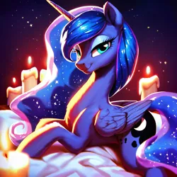 Size: 4096x4096 | Tagged: safe, ai content, derpibooru import, machine learning generated, stable diffusion, princess luna, alicorn, pony, absurd resolution, bed, blue fur, candle, candlelight, cute, ethereal mane, female, g4, generator:ponydiffusion, generator:purplesmart.ai, image, lidded eyes, looking at you, lying down, mare, night, on bed, png, prompter:paajbach, smiling, smiling at you, solo, starry night, stars, wings