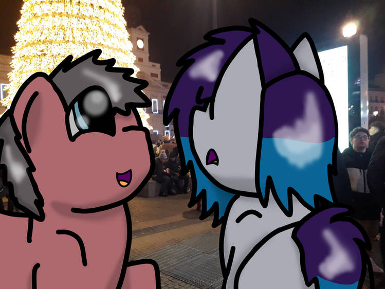 Size: 749x562 | Tagged: safe, artist:foxfer64_yt, derpibooru import, oc, oc:anykoe, oc:steven, unofficial characters only, earth pony, human, pony, amazed, butt, city, duo, happy, image, jpeg, looking up, plaza, rear, smiling, spain, talking, tree