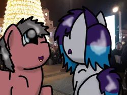 Size: 749x562 | Tagged: safe, artist:foxfer64_yt, derpibooru import, oc, oc:anykoe, oc:steven, unofficial characters only, earth pony, human, pony, amazed, butt, city, duo, happy, image, jpeg, looking up, plaza, rear, smiling, spain, talking, tree