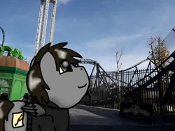 Size: 749x562 | Tagged: safe, artist:foxfer64_yt, derpibooru import, oc, oc:razor uniboop, unofficial characters only, pegasus, pony, day, image, jpeg, looking up, photo, roller coaster, smiling, solo, theme park, tower