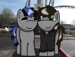 Size: 749x562 | Tagged: safe, artist:foxfer64_yt, derpibooru import, oc, oc:juju, oc:razor uniboop, unofficial characters only, earth pony, pegasus, pony, city, duo, eyes closed, image, jpeg, looking at each other, looking at someone, roller coaster, smiling, theme park