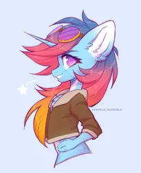 Size: 1800x2200 | Tagged: safe, artist:avroras_world, derpibooru import, oc, oc:sunset skies, unofficial characters only, anthro, unicorn, bomber jacket, clothes, female, grin, halfbody, image, jacket, jpeg, looking at you, multicolored hair, pale belly, profile, simple background, smiling, solo
