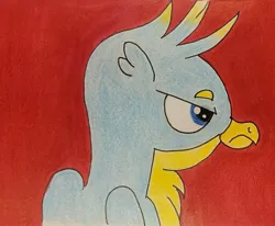 Size: 1731x1427 | Tagged: safe, artist:polar_storm, derpibooru import, gryphon, annoyed, blue eyes, bust, colored, g4, image, jpeg, red background, simple background, solo, traditional art