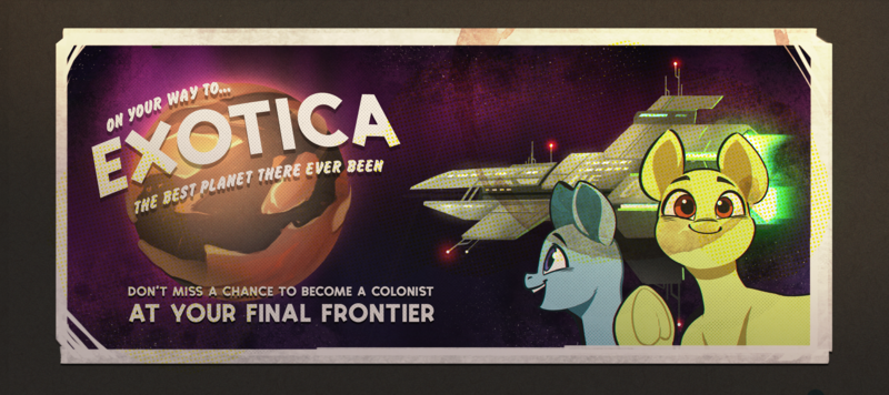 Size: 3590x1597 | Tagged: safe, artist:rexyseven, derpibooru import, pony, duo, image, planet, png, poster, spaceship