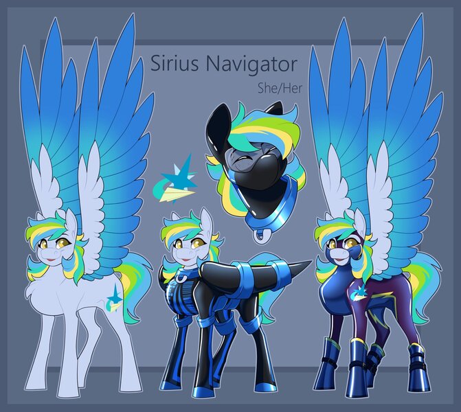 Size: 2048x1832 | Tagged: safe, artist:parrpitched, derpibooru import, oc, oc:siriusnavigator, pegasus, bound wings, clothes, fireheart76's latex suit design, gloves, image, jpeg, latex, latex boots, latex mask, latex suit, pegasus oc, prisoners of the moon, pronouns, reference sheet, rubber, rubber gloves, rubber suit, shadowbolts, wings