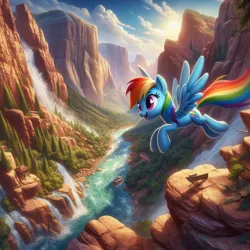 Size: 1024x1024 | Tagged: safe, ai content, derpibooru import, generator:dall-e, machine learning generated, prompter:starshine, rainbow dash, pegasus, pony, g4, boat, female, flying, generator:dall-e 3, image, jpeg, mare, nature, open mouth, open smile, river, scenery, smiling, solo, valley, water, waterfall