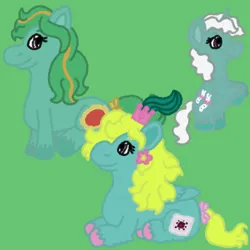 Size: 2000x2000 | Tagged: safe, artist:mintwhistle, derpibooru import, princess pristina, earth pony, pegasus, pony, unicorn, g1, baby, baby pony, bipedal, bow, colored hooves, crown, feathered fetlocks, female, filly, flower, flower in hair, foal, green background, image, jewelry, looking at someone, looking back, lying down, mare, medibang paint, mirror mirror, multicolored mane, newborn, png, princess, regalia, royalty, side view, simple background, sitting, smiling, tail, tail bow, trio, trio female, unshorn fetlocks, wiggles