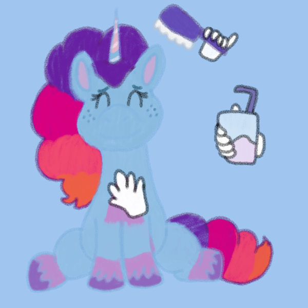Size: 1500x1500 | Tagged: safe, artist:mintwhistle, derpibooru import, pony, unicorn, g5, bellyrubs, brush, coat markings, colored hooves, disembodied hand, drink, drinking straw, eyes closed, female, freckles, glass, hairbrush, hand, holding, image, light blue background, mare, medibang paint, misty brightdawn, multicolored mane, multicolored tail, pale belly, petting, png, rebirth misty, simple background, smiling, socks (coat marking), tail, unshorn fetlocks