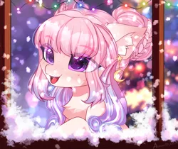 Size: 3594x3014 | Tagged: safe, alternate version, artist:airiniblock, derpibooru import, oc, unofficial characters only, earth pony, pegasus, pony, alternate character, big ears, chest fluff, christmas, christmas lights, collar, cute, ear fluff, eye clipping through hair, eyebrows, eyebrows visible through hair, female, hat, high res, holiday, image, mare, open mouth, open smile, pegasus oc, png, santa hat, smiling, snow, snowfall, solo, teeth, window, wings, winter