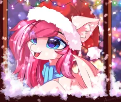 Size: 3594x3014 | Tagged: safe, alternate version, artist:airiniblock, derpibooru import, oc, unofficial characters only, earth pony, pegasus, pony, alternate character, big ears, chest fluff, christmas, christmas lights, collar, cute, ear fluff, eye clipping through hair, eyebrows, eyebrows visible through hair, female, hat, high res, holiday, image, mare, open mouth, open smile, pegasus oc, png, santa hat, smiling, snow, snowfall, solo, teeth, window, wings, winter