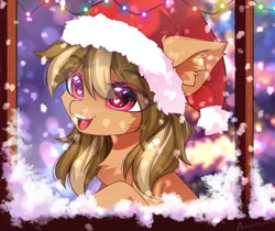 Size: 3594x3014 | Tagged: safe, alternate version, artist:airiniblock, derpibooru import, oc, oc:babe, unofficial characters only, earth pony, pegasus, pony, alternate character, big ears, chest fluff, christmas, christmas lights, collar, cute, ear fluff, eye clipping through hair, eyebrows, eyebrows visible through hair, female, hat, high res, holiday, image, mare, open mouth, open smile, pegasus oc, png, santa hat, smiling, snow, snowfall, solo, teeth, window, wings, winter