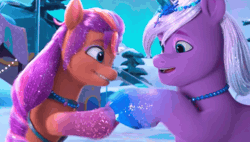 Size: 1360x774 | Tagged: safe, derpibooru import, screencap, sunny starscout, g5, my little pony: make your mark, spoiler:g5, spoiler:my little pony: make your mark, spoiler:my little pony: make your mark chapter 6, spoiler:mymc06e04, animated, auroricorn, crystal horn, gif, glitter, heart, hoofshake, horn, image, jewelry, locket, makeup, my little pony: make your mark chapter 6, necklace, ruby, secrets of starlight, snow, sparkles, sparkly mane, violet frost