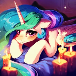 Size: 4096x4096 | Tagged: safe, ai content, derpibooru import, machine learning generated, stable diffusion, alicorn, pony, absurd resolution, bed, bedroom, candle, candlelight, cute, ear fluff, ethereal mane, female, floppy ears, g4, generator:ponydiffusion, generator:purplesmart.ai, image, looking at you, lying down, mare, on bed, png, prompter:paajbach, smiling, smiling at you, solo, white fur