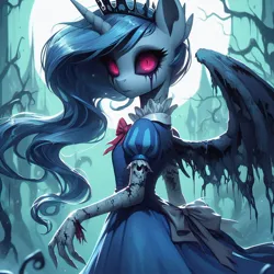 Size: 1024x1024 | Tagged: semi-grimdark, ai content, derpibooru import, machine learning generated, alicorn, anthro, undead, vampire, vampony, bat wings, blood, clothes, ears, ears up, female, forest, generator:dall-e 3, image, injured, jpeg, light, looking at you, looking back, moon, nature, night, prompter:rektpay, red eyes, slit pupils, solo, spread wings, thumbelina, tree, wings