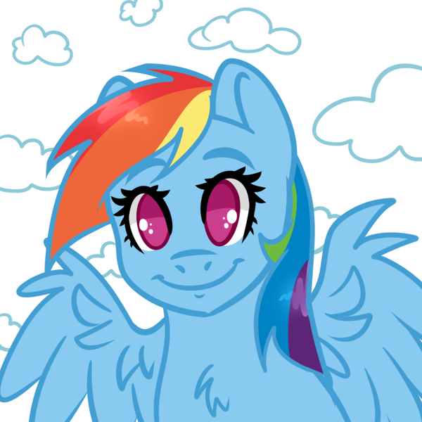 Size: 1024x1024 | Tagged: safe, derpibooru import, rainbow dash, pegasus, pony, cloud, cute, dashabetes, fan, female, g4, image, jpeg, mare, sky background, smiling, solo