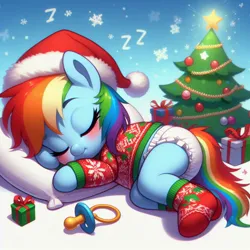 Size: 1024x1024 | Tagged: safe, ai content, derpibooru import, machine learning generated, rainbow dash, pony, baby, baby pony, blushing, christmas, christmas sweater, christmas tree, clothes, diaper, foal, generator:bing image creator, hat, holiday, image, jpeg, pacifier, santa hat, socks, sweater, tree