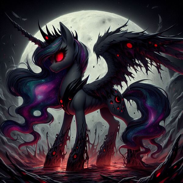 Size: 1024x1024 | Tagged: safe, ai content, alternate version, derpibooru import, machine learning generated, princess luna, demon, demon pony, original species, pony, cursed night, dark, dark skin, ears, ears up, evil, female, generator:dall-e 3, horn, image, jewelry, jpeg, magic, magic aura, moon, night, prompter:rektpay, proper cutiemark, red eyes, regalia, rock, serious, serious face, solo, standing