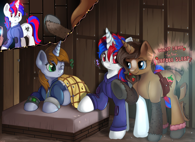 Size: 5500x4000 | Tagged: safe, artist:appleneedle, derpibooru import, oc, oc:littlepip, oc:snowi, oc:strawberry cocoa (the coco clan), pony, unicorn, fallout equestria, bed, blanket, comic, cozy, cute, female, image, indoors, jpeg, mare, night, shed, sleeping, tired