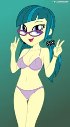 Size: 4724x8593 | Tagged: suggestive, artist:alandssparkle, derpibooru import, juniper montage, human, equestria girls, belly button, bra, bracelet, breasts, clothes, derpibooru exclusive, double peace sign, female, frilly underwear, g4, glasses, gradient background, image, jewelry, legs together, looking at you, panties, peace sign, pigtails, png, purple underwear, solo, solo female, thigh gap, underwear