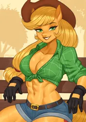Size: 1754x2480 | Tagged: safe, artist:nire, derpibooru import, applejack, anthro, abs, applejack's hat, boob freckles, breasts, chest freckles, cleavage, clothes, cowboy hat, denim, denim shorts, female, freckles, front knot midriff, gloves, hat, image, looking at you, midriff, muscles, muscular female, png, shirt, shorts, smiling, smiling at you, solo, sweat