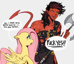 Size: 2300x2000 | Tagged: safe, artist:slasharu, derpibooru import, fluttershy, pegasus, pony, tiefling, axe, baldur's gate, dialogue, excited, female, i think we're gonna have to kill this guy, image, imminent murder, jpeg, karlach, karlach cliffgate, mare, meme, simple background, subverted meme, vulgar, weapon