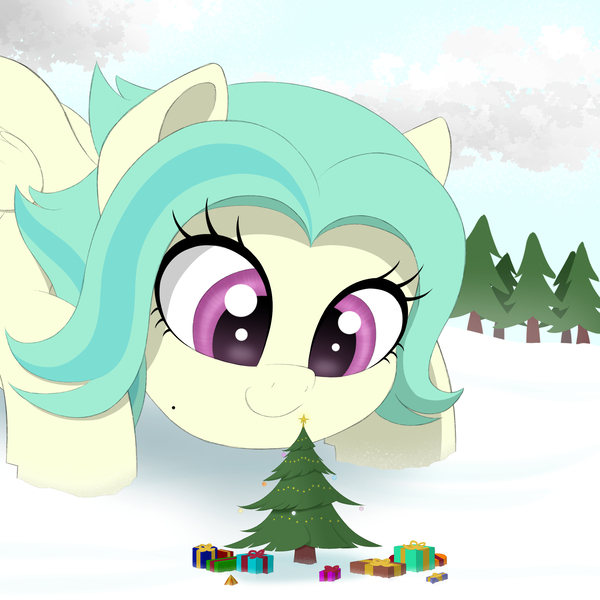 Size: 2000x2000 | Tagged: safe, artist:arediejie, derpibooru import, oc, oc:lustrebeam, pegasus, chibi, christmas, christmas tree, eyelashes, holiday, image, jpeg, looking down, macro, magenta eyes, mole, ornament, pegasus oc, present, snow, teal hair, tree, wings