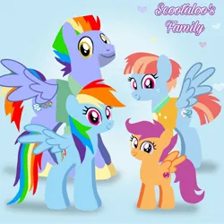 Size: 1400x1400 | Tagged: safe, artist:mlplary6, derpibooru import, ponerpics import, ponybooru import, bow hothoof, rainbow dash, scootaloo, windy whistles, pegasus, pony, adopted, adopted offspring, adoption, alternate universe, family, father and child, father and daughter, female, filly, foal, freckles, headcanon in the description, heart, image, jpeg, looking at you, male, mare, mother and child, mother and daughter, scootadoption, scootalove, siblings, sisters, smiling, smiling at you, spread wings, stallion, text, wings