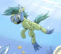 Size: 934x824 | Tagged: safe, artist:mysticalpha, derpibooru import, edit, sandbar, earth pony, fish, pony, belly, colored, crepuscular rays, cropped, flippers (gear), g4, image, png, snorkel, solo, swimming, underwater, water
