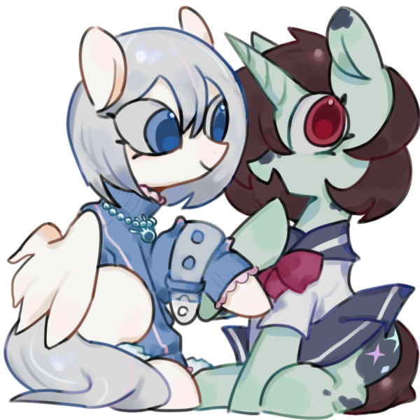 Size: 2560x2560 | Tagged: safe, artist:metaruscarlet, derpibooru import, oc, oc:becky moonlight, oc:rebecca, unofficial characters only, pegasus, pony, unicorn, derpibooru community collaboration, 2024 community collab, clothes, female, horn, image, jewelry, lying down, open mouth, png, sailor uniform, simple background, transparent background, unicorn oc, uniform