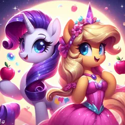 Size: 1024x1024 | Tagged: safe, ai content, derpibooru import, machine learning generated, prompter:bigfanbud123, applejack, rarity, earth pony, pony, semi-anthro, unicorn, apple, applejack also dresses in style, clothes, cute, dress, duo, female, food, image, jackabetes, jewelry, mare, png, raribetes, smiling, tiara