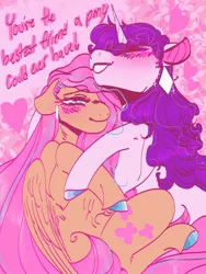 Size: 1536x2048 | Tagged: safe, artist:rare-apples, derpibooru import, fluttershy, rarity, earth pony, pegasus, pony, unicorn, 2d, colored, date, digital art, duo, female, flarity, g4, horn, hug, image, jpeg, lesbian, looking at you, mare, shipping, smiling, wings