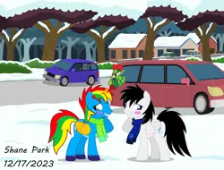 Size: 10000x7593 | Tagged: safe, artist:creedyboy124, derpibooru import, oc, oc:shane park, oc:shield wing, alicorn, pegasus, pony, alicorn oc, car, clothes, g4, gay, horn, image, male, png, scarf, snow, solo, suv, wings, winter