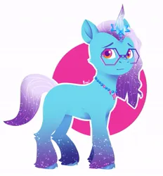 Size: 725x780 | Tagged: safe, artist:boo!, derpibooru import, pony, g5, auroricorn, circle background, comet (g5), glasses, horn, image, jewelry, jpeg, looking at you, male, necklace, signature, solo, stallion, tail, unshorn fetlocks