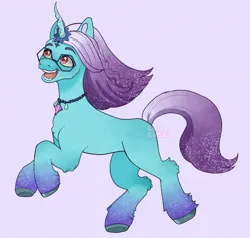 Size: 1165x1110 | Tagged: safe, artist:lululaozi, derpibooru import, pony, g5, auroricorn, comet (g5), concave belly, glasses, horn, image, jewelry, jpeg, looking up, male, necklace, open mouth, open smile, purple background, signature, simple background, smiling, solo, stallion, tail, unshorn fetlocks