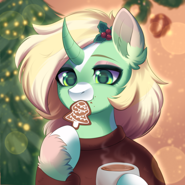 Size: 1500x1500 | Tagged: safe, artist:alunedoodle, derpibooru import, gingerbread, oc, oc:holly star, unofficial characters only, pony, unicorn, bust, christmas, christmas lights, christmas tree, clothes, cup, eating, female, holiday, holly, image, png, portrait, solo, sweater, tree