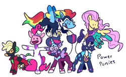 Size: 1280x781 | Tagged: safe, artist:goatpaste, derpibooru import, applejack, fili-second, fluttershy, masked matter-horn, mistress marevelous, pinkie pie, radiance, rainbow dash, rarity, saddle rager, twilight sparkle, zapp, alicorn, earth pony, pegasus, pony, unicorn, power ponies (episode), image, png, power ponies, simple background, white background