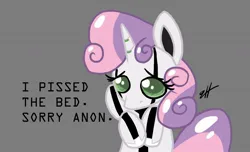 Size: 1187x720 | Tagged: safe, artist:biscotti5000, derpibooru import, sweetie belle, robot, gray background, image, implied anon, jpeg, looking at you, meme, puppy dog eyes, simple background, solo, sweetie bot, text